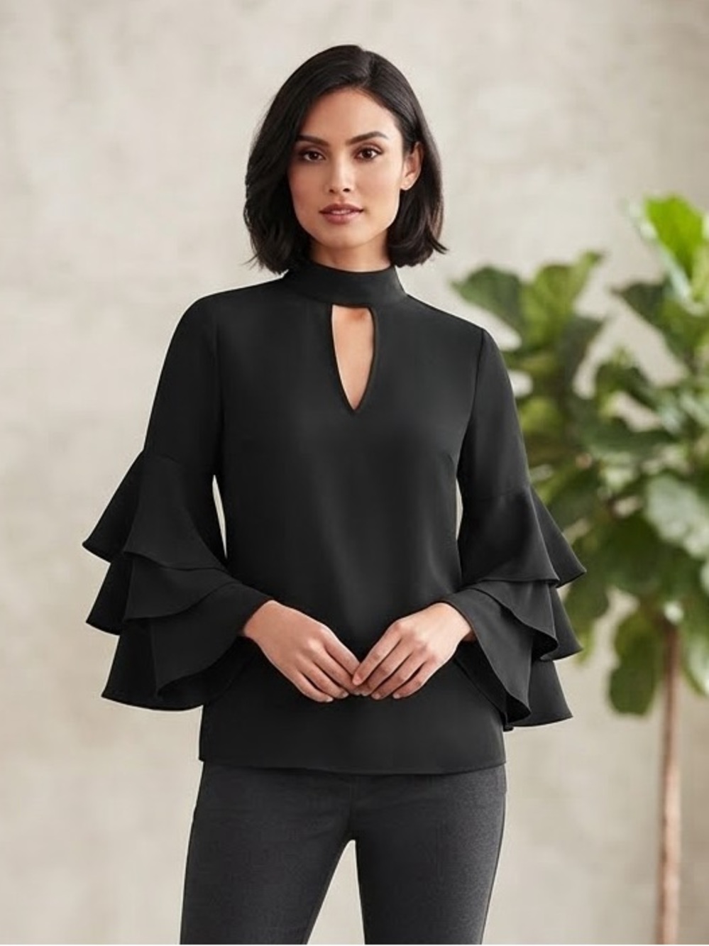 Take 50% OFF-Blue Rain Elegant Black Ruffle Sleeve Women’s Top, Size-S